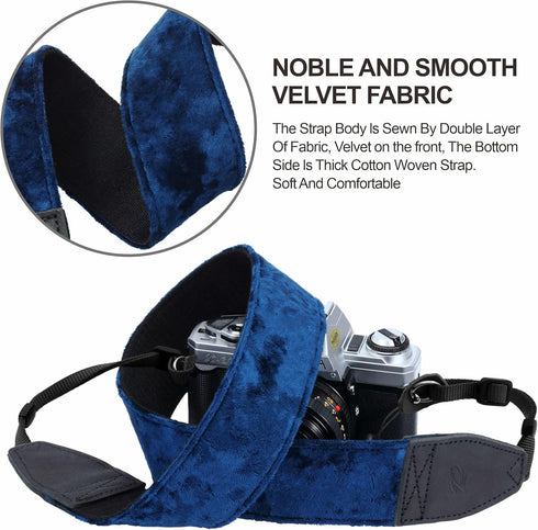 Padwa Lifestyle Velvet Camera Strap, 2" Wide Full Grain Cowhide Head, Soft Velvet Straps for Photographers, Dark Navy