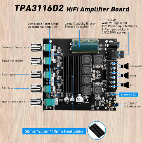 ZK-TB21 Bluetooth Amplifier Board, 50W+50W+100W 2.1 Channel Subwoofer Amp Board with Treble and Bass Control