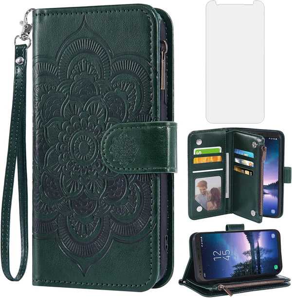 Asuwish Wallet Case for Samsung Galaxy S8 Active - Dark Green, with Tempered Glass Protector & Flower Flip Card Holder.