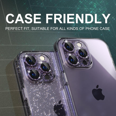 Bling Camera Lens Protector for iPhone 14 Pro/Pro Max - 9H Tempered Glass with Metal Ring, Glitter-Purple.