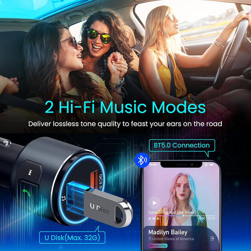 Upgraded V5.0 Bluetooth FM Transmitter Car, Wireless Adapter with QC3.0, LED Backlit, Hands-Free Calls