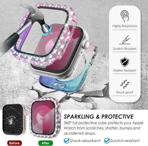 Surace 2 in 1 Waterproof Bling Case for Apple Watch Series 9/8/7 45mm, Lace Edge Diamond Protective Bumper Cover