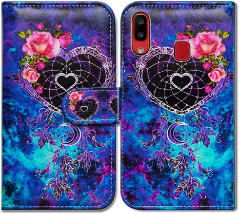 Case for Samsung Galaxy A20/A30, Dream Catcher Flower Folio Leather Cover with Credit Card Slot, Kickstand