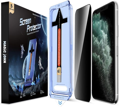 MAGIC JOHN Privacy Glass Screen Protector for iPhone 11 Pro Max 6.5" - 2 Pack, Easy Bubble-Free Installation, Auto