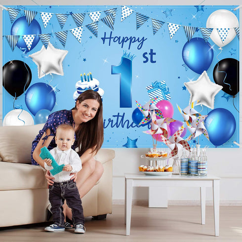 Happy 1st Birthday Backdrop Banner, Blue Newborn Boys First Birthday Photography Background for Baby Shower Party 72.8