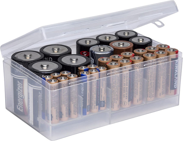 Dial Industries B331FN Battery Organizer Case for 12 AAA, 12 AA, 6 C, and 4 D Batteries, Clear