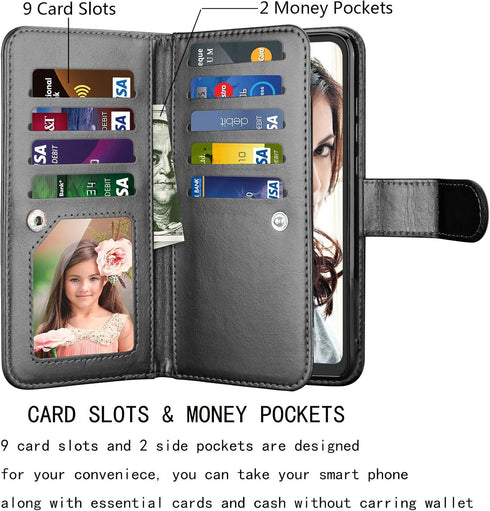 Njjex for Moto E Case 2020, Luxury PU Leather Wallet Case 6.2" with 9 Card Slots, Detachable Kickstand