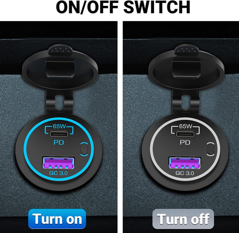 OUFFUN 83W Laptop Car Charger Socket, 12V USB Outlet with Power Switch, Waterproof DIY USB Port for Car RV Boat