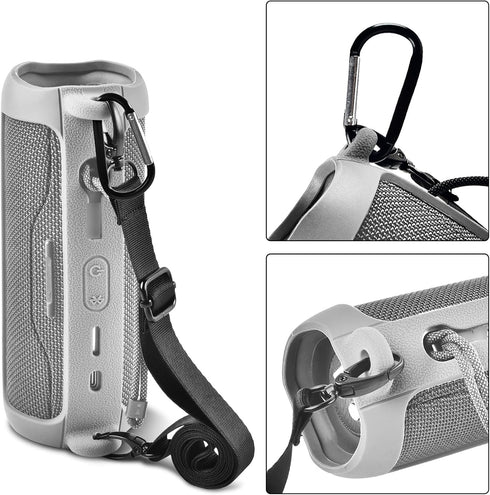 Silicone Case for JBL FLIP 6, Waterproof Portable Bluetooth Speaker Cover with Shoulder Strap and Carabiner - Grey