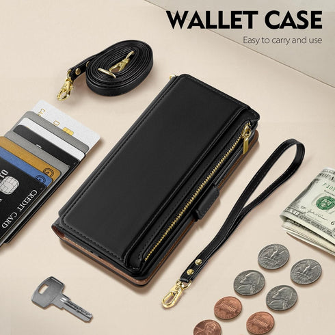 Antsturdy Wallet Case for iPhone 15 Pro Max, RFID Blocking PU Leather Crossbody Phone Case with Zipper Wrist Strap,