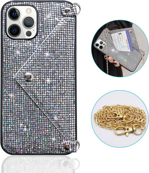 Omorro Glitter Diamond Sequins Wallet Case with Shiny Crossbody Chain for iPhone 12 Pro Max