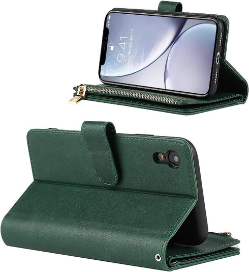 Jaorty Wallet Case for iPhone XR, 9 Card Slots, Wrist Strap, Zipper Cash Pocket, Shockproof Slim Case (Dark Green)