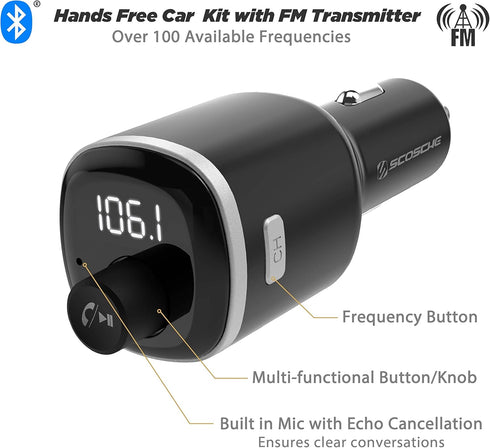 Scosche BTFM4-SP1 BTFREQ Universal Bluetooth Car Kit with FM Transmitter, Dual USB Ports, Black