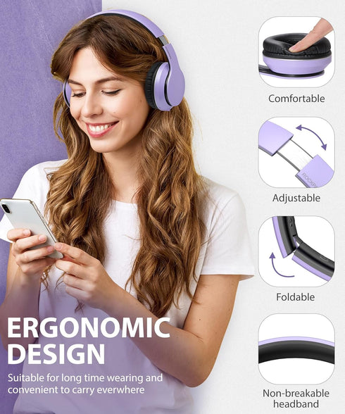 rockpapa E7 Over Ear Wireless Bluetooth Headphones with Mic Without Travel Case, Foldable Wired/Wireless Headphones with Microphone for Kids Childrens Boys Girls Teen Youth Adult Purple Black