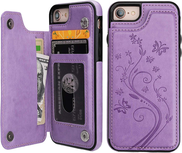 Vaburs Wallet Case for iPhone SE(2022) 5G/SE(2020)/7/8 - Embossed Butterfly PU Leather Flip Cover (Purple)