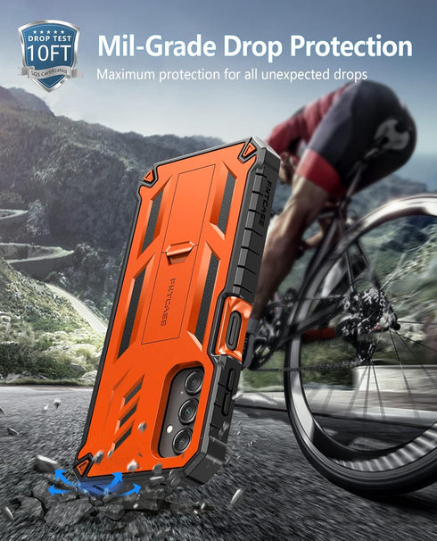 FNTCASE Samsung Galaxy A14-5G Case, Orange, Dual-Layer Protective Textured Shockproof Rugged TPU Cover with Kickstand