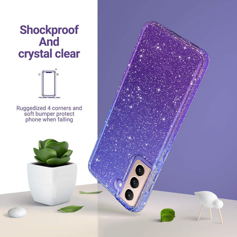 ULAK Clear Glitter Case for Samsung Galaxy S21 5G, Sparkly Soft TPU Bumper Bling Cover for Women Girls - Blue+Purple