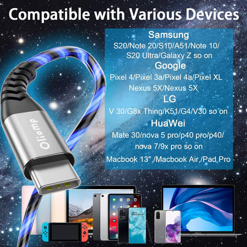 USB C to USB C Fast Charging Cable 6ft 60W 3A Charger with Led Light up Compatible with Samsung Galaxy S23/S22