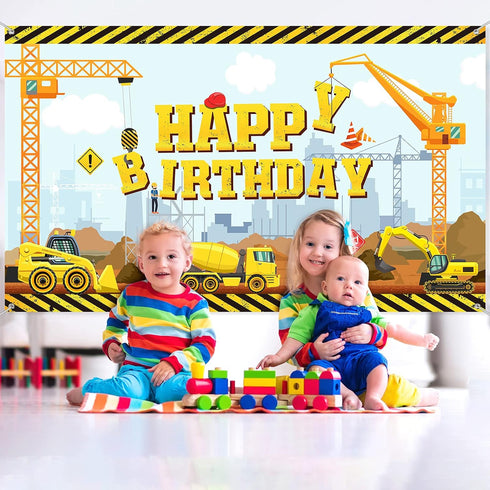 Irenare Happy Birthday Backdrop Dump Truck Excavator Crane Banner Photography Studio Props Cake Table Decorations