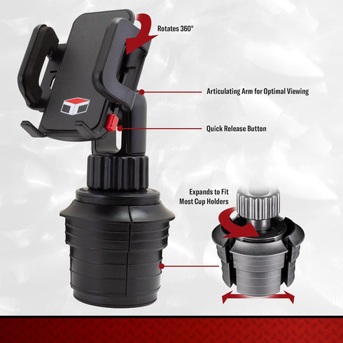 TUFF TECH Cup Holder Universal Car Mount Phone Holder with Adjustable Base for iPhone, Samsung, LG, Moto, Huawei,