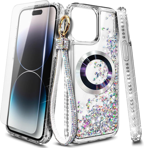 iPhone 15 Pro Max Magnetic Case with Tempered Glass Screen Protector, Glitter Floating Liquid Cute Design, Diamond