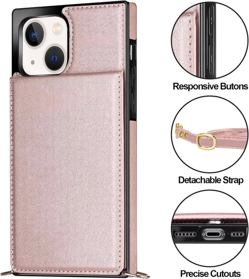 Vofolen Wallet Case for iPhone 15 with Card Holder, Crossbody Lanyard Wrist Strap, Heavy Duty Protective