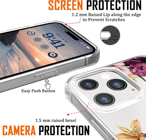 Slim Fit Crystal Clear Floral Pattern Case Compatible with iPhone 14 Pro, Pink Purple Flowers Design for Girls Women,