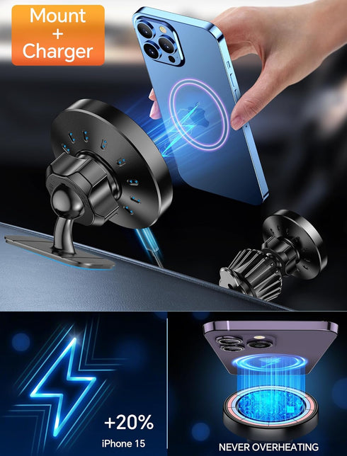 iPhone MagSafe Car Mount Charger - Stronger Magnets, Wireless Magnetic Phone Holder Mount, Fits iPhone 15 Pro Max, 14,