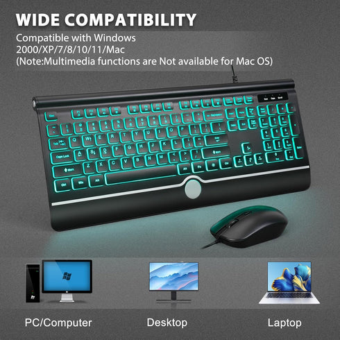 HeengYanson 7-Color Wired Keyboard and Mouse Combo, Backlit Computer Keyboards with Wrist Rest, Light Up Keyboard Easy