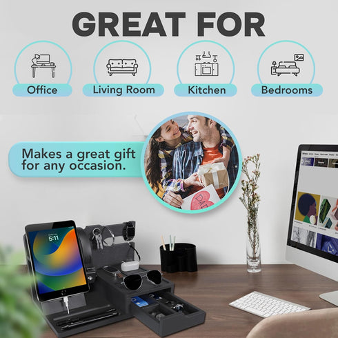 Black Nightstand Organizer for Dad - Best Birthday Gifts for Men to Organize Cellphone, Watch, Sunglasses & Accessories
