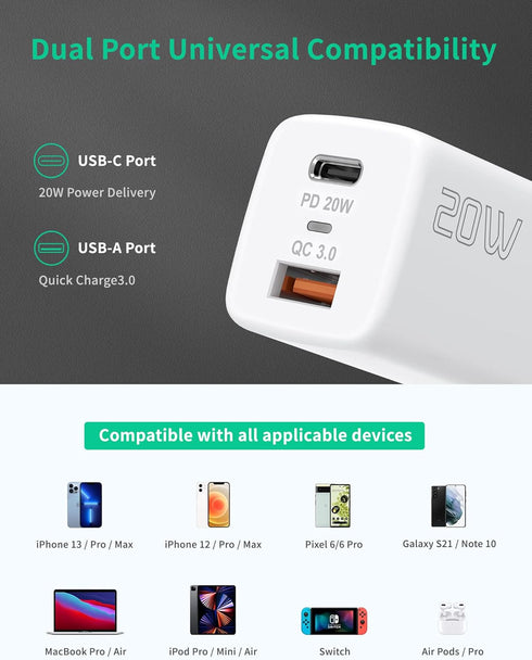USB C Wall Charger Fast Charger Block, 2-Pack TI-TOO 20W Dual Port Power Adapter for iPhone 14 Pro Max/14 Plus
