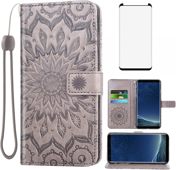 Samsung Galaxy S8 Wallet Case, Leather Sunflower Flip Cover with Tempered Glass Screen Protector, Gray