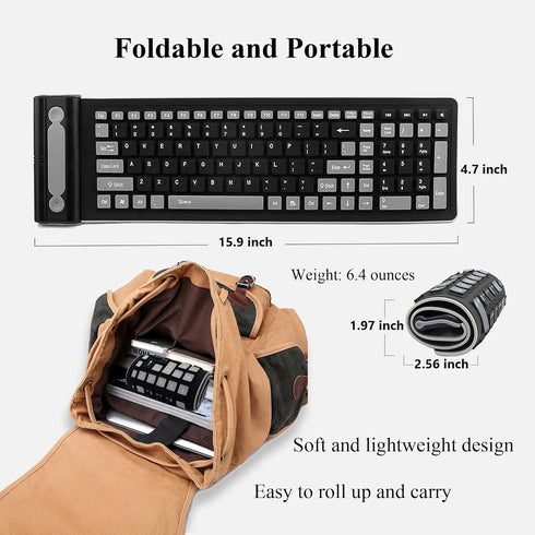 Wireless Silicone Keyboard, Portable Foldable Roll Up Soft Rubber Keyboard for PC, Laptop, and Travel (Black and Gray).