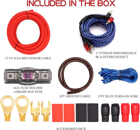 0 Gauge Audio Amplifier Installation Wiring Kit, 3000 Watt Amp Wiring Kit for Radio, Subwoofers, and Speakers