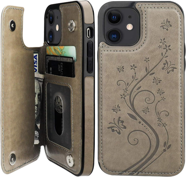 Vaburs Wallet Case for iPhone 12 and iPhone 12 Pro - Card Holder, Embossed Butterfly Pattern PU Leather, Shockproof