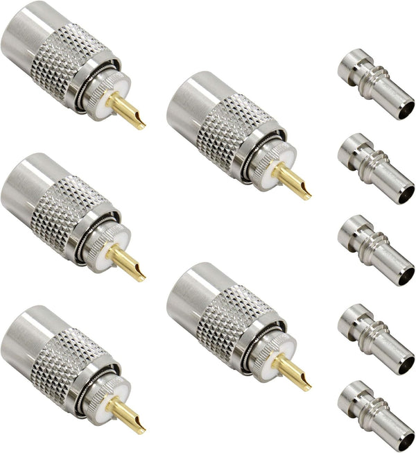 PL 259 Connectors, 5-Pack UHF Male Solder Connector Plug with Reducer, Teflon Material for RG59, RG8, RG8x
