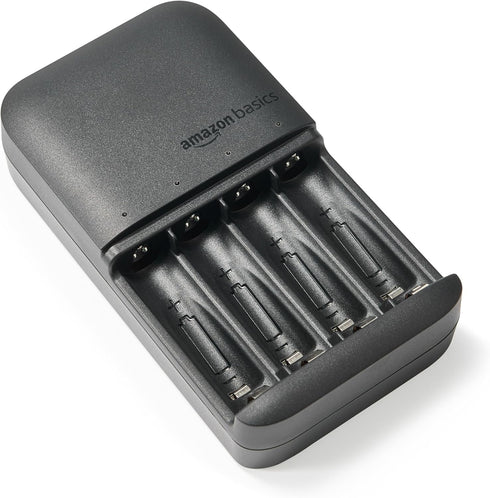 Amazon Basics 4-Bay 4 Count, Battery Charger for AA & AAA Rechargeable Batteries with Pre-Charged AA NiMh Batteries