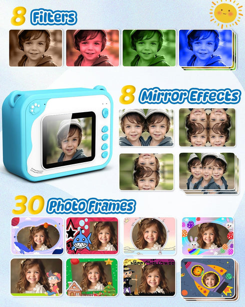 Instant Print Kids Camera, Ink Free Printing Dinosaur Camera for Ages 3-12, Christmas Gifts, Blue
