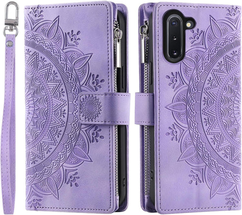 Asuwish Wallet Phone Case for Samsung Galaxy Note 10 5G - Mandala Flower, Zipper Card Holder, Tempered Glass, Purple.