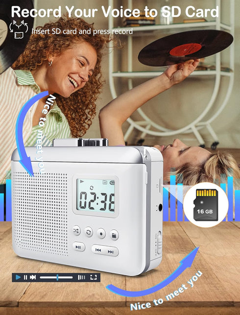 Gracioso Portable Cassette Player Recorder Converter, Cassette to MP3 via SD Card, Walkman with Rechargeable Battery,