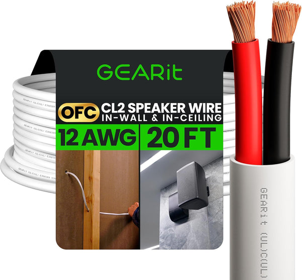 GearIT 12/2 Speaker Wire (20 Feet), 12AWG Gauge Fire Safety in Wall Rated Audio Speaker Wire Cable