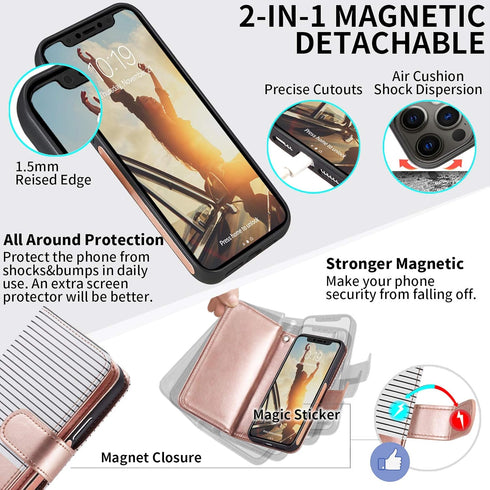 CASEOWL Compatible for iPhone 13 Pro Max Wallet Case for Women Men, Magnetic Detachable Folio Leather with Card Holder