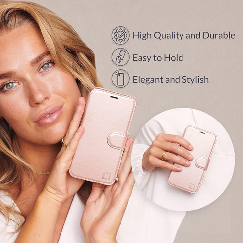 LUPA iPhone 11 Pro Flip Wallet Case - Slim Faux Leather Purse with Credit Card Holder, Rose Gold