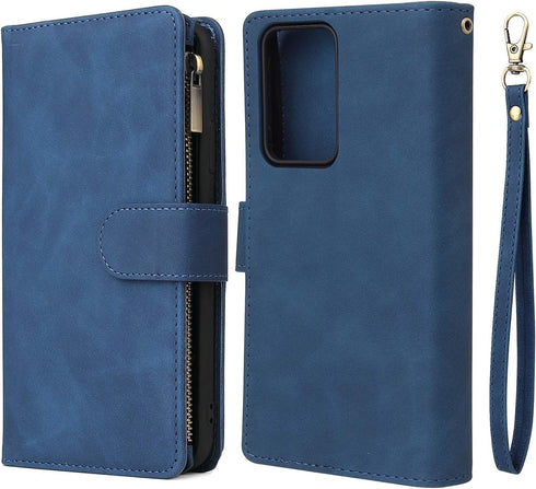 UEEBAI Blue Wallet Case for Samsung Galaxy Note 20 5G, Vintage PU Leather Magnetic Closure with Zipper Pocket and Card