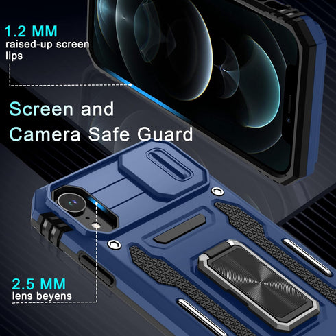 DEERLAMN for iPhone XR Case with Slide Camera Cover + Screen Protector (1 Pack), Rotated Ring Kickstand Military Grade