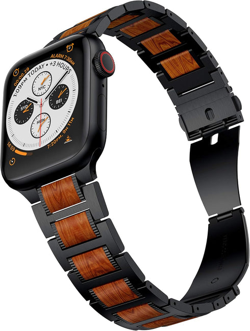 Compatible for Apple Watch Bands, Red Sandalwood Wood Stainless Steel Replacement Strap for 49mm-38mm