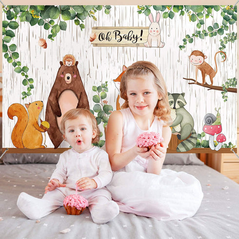 Woodland Baby Shower Backdrop, 3.6 x 6 ft Jungle Animals Birthday Party Decorations for Safari Baby Shower
