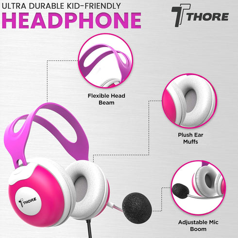 Thore Kids Headphones with Microphone (Over Ear) Headset with Boom Mic + Volume Control for Girls, Online School (Pink)