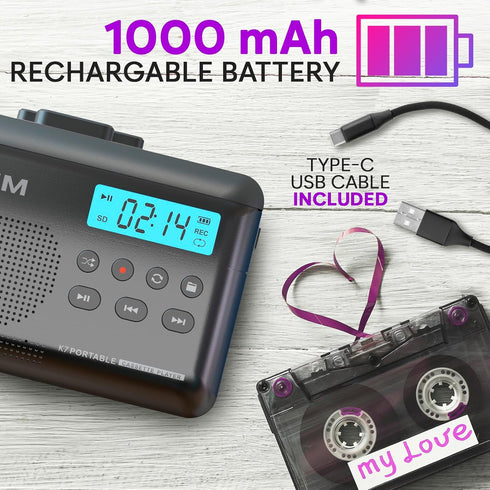 KLIM K7 Cassette Cassette MP3 16GB Tape Player - to Converter - Portable - Built-in Microphone & Speaker - Rechargeable