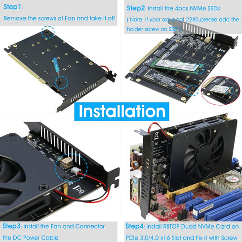Quad NVMe PCIe Adapter, RIITOP 4 Ports M.2 NVMe SSD to PCI-e 4.0/3.0 x16 Card with Fan Support